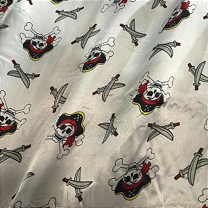 Cetim Estampado - Caveira Pirata Fundo Branco