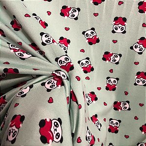 Malha Suede Pijama - Panda Fundo Verde - 1,60m de Largura