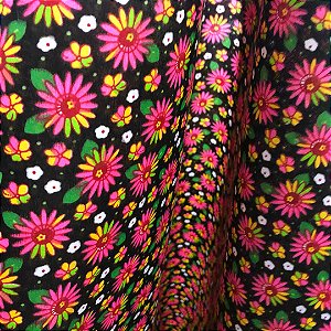 Tecido Chita Poliéster - Botão Floral Fundo Preto - 1,50m de Largura