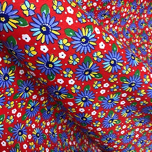 Tecido Chita Poliéster - Botão Floral Azul Fundo Vermelho - 1,50m de Largura
