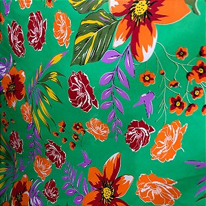 Tecido Chita Poliéster - Floral Laranja Fundo Verde - 1,50m de Largura