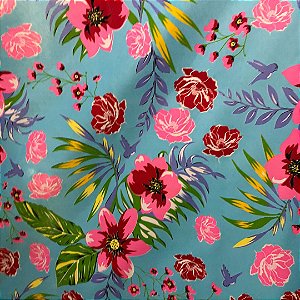 Tecido Chita Poliéster - Floral Rosa Fundo Azul Claro - 1,50m de Largura