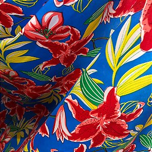 Tecido Chita Poliéster - Ramagem Floral Vermelho Fundo Azul - 1,50m de Largura