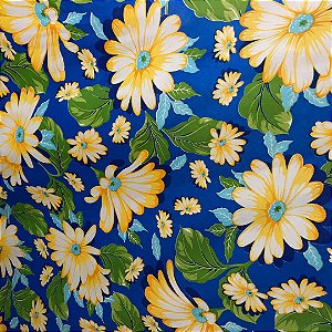 Tecido Chita Poliéster - Floral Amarelo Fundo Azul - 1,50m de Largura