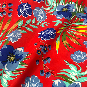 Tecido Chita Poliéster - Floral Azul Fundo Vermelho - 1,50m de Largura