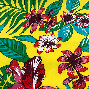 Tecido Chita Poliéster - Flor Fundo Amarelo - 1,50m de Largura