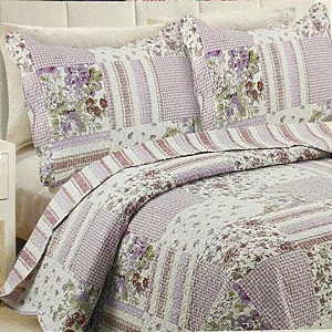 Kit Colcha Queen Dupla Face Matelassê com 02 Porta Travesseiros - Patchwork /Listrado