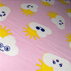Malha Suede Pijama - Nuvem Fundo Rosa - 1,60m de Largura