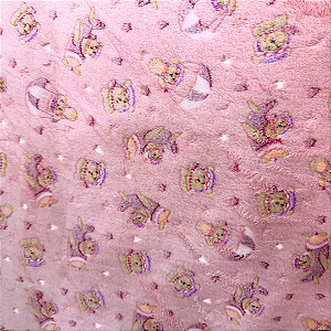 Tecido Fleece Ultra Soft 3D Brilha no Escuro Estampado - Urso Rosa - 1,60m de Largura - 100% Poliéster - Mantas e Pijamas Infantis
