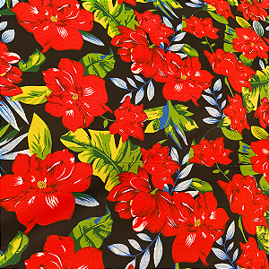 Tecido Chita Poliéster - Floral Vermelho Fundo Preto - 1,50m de Largura