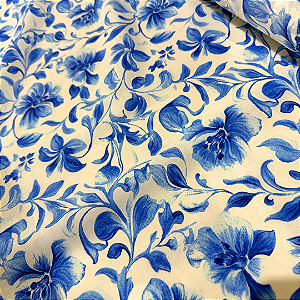 Tecido Cambraia de Algodão Estampado - Folhagem Azul - 1,50m de Largura