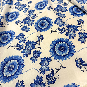 Tecido Cambraia de Algodão Estampado - Girassol Azul - 1,50m de Largura