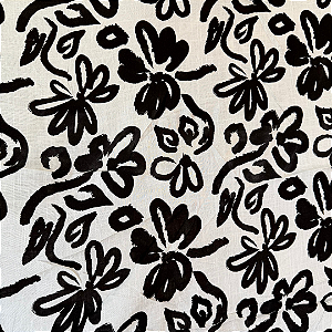 Tecido Viscose com Elastano Estampada - Floral Caricato Preto e Branco - 1,50m de Largura