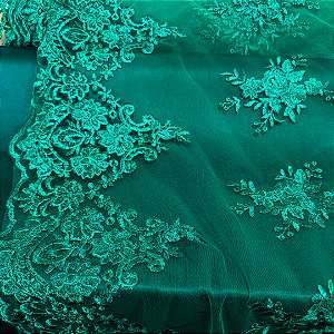 Renda Tule Bordado - Floral Verde Esmeralda - 1,40m de Largura