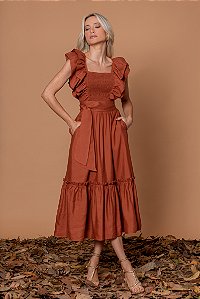 VESTIDO ZOE DE LINHO MIDI - COGNAC