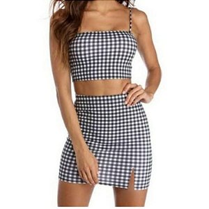 Conjunto Feminino Saia e Cropped Xadrez