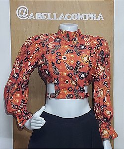 Blusa Cropped Estampada com Bojo e  com Manga  Comprida
