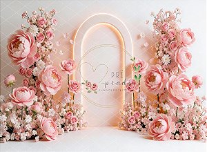 Fundo Fotográfico Dia das Mães Floral Rosé com Arco Iluminado Bebê e Infantil