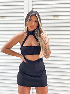 Vestido gola alta frente única c/decote reto