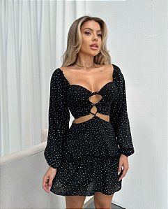 Vestido poá lateral vazado