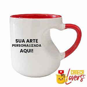 Caneca Personalizada Coração Vazado - Alça e Fundo Vermelho - Arte Exclusiva