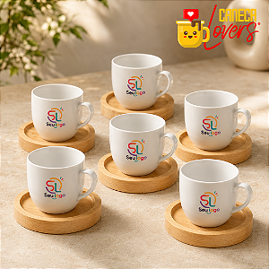 Conjunto de Xícaras de Café Personalizadas - 95ml - com pires de madeira