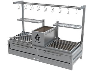 Parrilla Dupla Residencial Premium INOX 304 - Bancada 118 x 45cm - Com Tendal