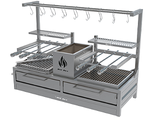 Parrilla Dupla Residencial Premium INOX 304 - Bancada 118 x 45cm - Com Tendal e Espetos