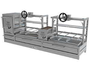Parrilla Dupla Residencial Premium Bancada 200 x 45cm Com Volantes, espetos e Forno
