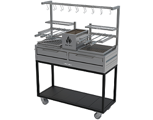 Parrilla Dupla Residencial Premium INOX 304 Com Carrinho 118 x 45cm - Com Tendal e Espetos