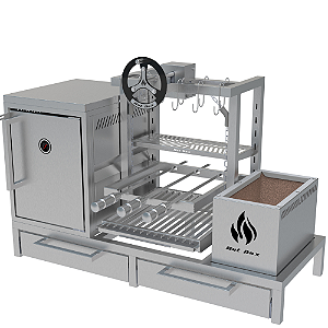 Parrilla Residencial Premium INOX 304 - Para Alvenaria 112 x 45cm - Com Volante e Forno