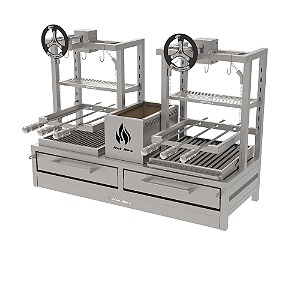 Parrilla Residencial Premium Dupla INOX 304 - Bancada 118 x 45cm - Com Volante
