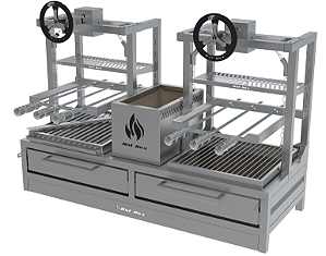 Parrilla Residencial Premium Dupla INOX 304 - Bancada 118 x 45cm - Com Volante