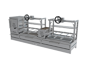 Parrilla Residencial Premium Dupla INOX 304 - Bancada e Volante 200 x 45cm