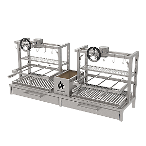 Parrilla Residencial Premium Dupla INOX 304 - Alvenaria Com Volante e Porta 165 x 45cm