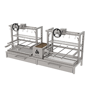 Parrilla Residencial Premium Dupla INOX 304 - Alvenaria Com Volante e Porta 165 x 45cm