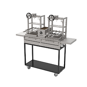 Parrilla Residencial Premium Dupla INOX 304 - Carrinho Com Volante 118 x 45cm