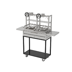 Parrilla Residencial Premium Dupla Em INOX 304 - Carrinho 97 x 45cm - Com Volante