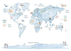 Papel de Parede Mapa Mundi de Animais em Cores