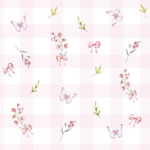 Papel de Parede Xadrez Floral Borboletas