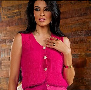 Colete Noame tricot com pelo e botões perolados