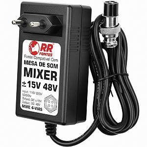 Fonte DC 15V e 48V Para Mesa de Som Mixer 4 Vias Com Phantom Power