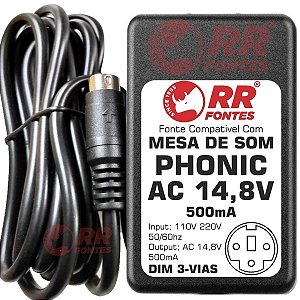 Fonte AC 14,8V 0.5A Para Mixer Phonic AM e MU