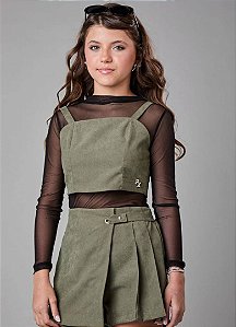 CONJUNTO TEEN CROPPED E SHORT SAIA EM SUEDE SARJADO - PINK X