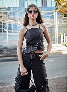BATA TEEN COM RECORTE DIAGONAL E FAIXA EM JEANS - PINK X
