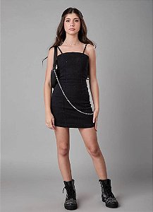 VESTIDO TEEN EM JEANS BLACK COM FRENTE EM STRASS - PINK X