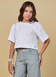 CAMISETA TEEN COM TIRAS DE STRASS BORDADOS - PINK X