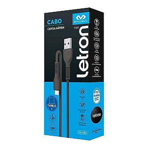 Cabo USB Letron Tipo C 2.4a 1 m Preto - Leonora