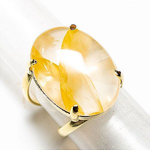 Anel Cabochão Oval Hematoide Amarelo Natural Dourado Aro Ajustável