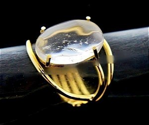 Anel Cristal Cabochão Oval Pequeno Natural Dourado Ajustável